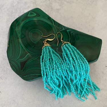 Vintage Turquoise Glass Bead Tassel Earrings 