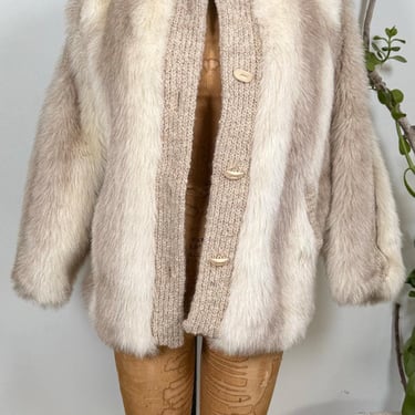 Vintage Cream Fur and Knit Jacket | Textured Wool Blend | Cozy Button Front Coat | M/L 