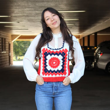 Crochet Vest, Vintage Knit Sweater Vest, Small Women, Red White Blue, Patriotic 