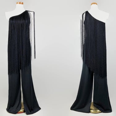 VINTAGE 70s Cold Shoulder Fringe Jumpsuit by Frederick's of Hollywood | 1970s Wide Leg Disco Pants Suit | One of a Kind | VFG 