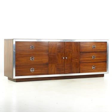 Milo Baughman Style Mid Century Walnut and Chrome Lowboy Dresser - mcm 