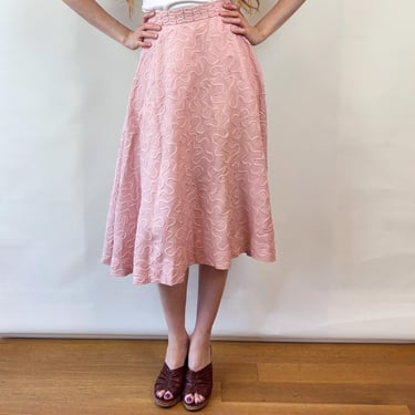 Vintage Late 40s Early 50s Pale Pink Linen Circle Skirt Soutache Trim 25 inch waist 