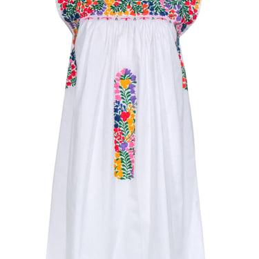 Mi Golondrina - White Cotton Shift Dress w/ Hand-Embroidered Flowers Sz S