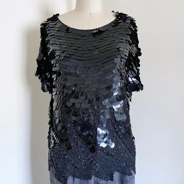 Vintage 80's Black Silk and Sequin Blouse, Loose Fit, Evening Top 