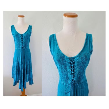 Vintage Women's Boho Summer Dress - Turquoise Blue Lace Up Smocked Sundress - Handkerchief Hem Bohemian Beach Dress - Small Medium Large 