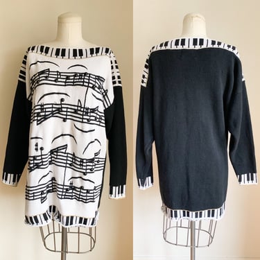 Vintage 1980s Piano & Music Notes Novelty Sweater / Tunic // one size fits most 