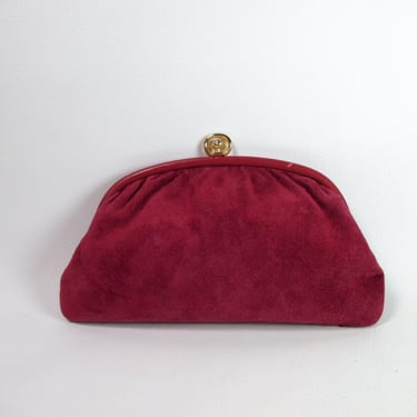 Maroon Pink Italian Leather Suede Clutch 1970s 80s Metal Framed Pouch Purse Clutch Bag Vintage Handbag Made in Italy Exclusively for Flah's 