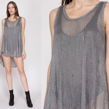 Small Y2K Chainmail Mesh Mini Tank Dress | Vintage High-Low Grey Silver Beach Cover Up Rave Festival Dress 