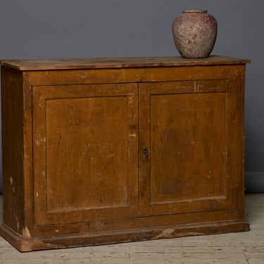 19th Century French Original Paint in Dark Ochre Two Door Pine Cabinet with Two Interior Shelves