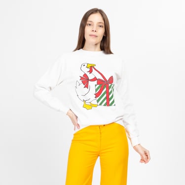 Small 80s Christmas Goose Sweatshirt | Vintage White Animal Graphic Raglan Sleeve Pullover 