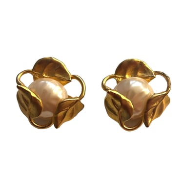 KARL LAGERFELD-1980s Gold Tone Metal &amp; Pearl Pierced Earrings