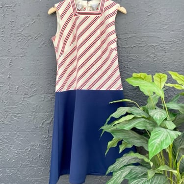 Red Cream and Blue 1970s Striped Dress