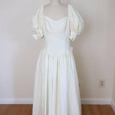 80s Drop Waist Pearl Puff Sleeve Dress