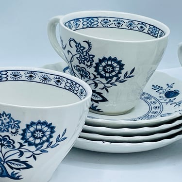 Vintage set of four 1960's Johnson Bros Blue Nordic Blue White (4) Cups Saucers, Ironstone England- Chip Free 