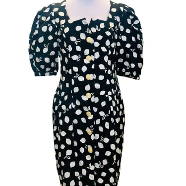 1980's Guy Laroche Black and White Lemon Print Dress