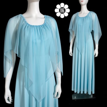 ETHEREAL Vintage 70s Light Blue Sheer Caplet Maxi Dress 