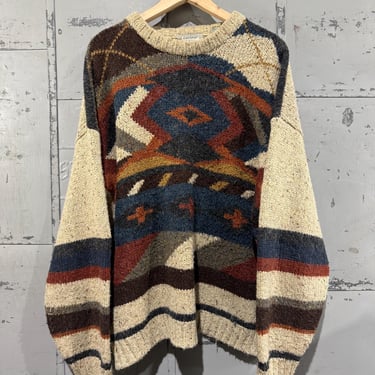 Vintage Geometric Sweater Pull Over soft cozy Picture Knit Chunky Warm wool Blend  sweater Preppy style Cattivo XL 