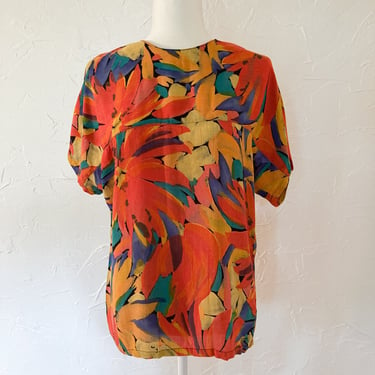 90s Bright Orange Multicolored Abstract Botanical Top | Medium/Large 