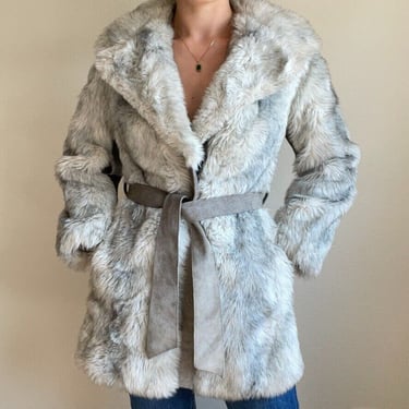 Vintage 1970s Womens Tissavel Fauex Fur with Suede Retro Fluffy Gray Jacket Sz M 