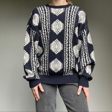Vintage 90s Navy and White Geometric Abstract Oversized Crewneck Sweater Size L 