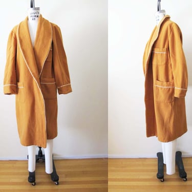 Vintage 60s Mustard Yellow Wool Robe Jacket S M - 1960s Smartex Shawl Collar Open Front Duster Jacket - Wes Anderson 