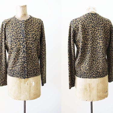 Vintage 90s 2000s Cheetah Print Cardigan S - 1990s Y2K Leopard Animal Crewneck Sweater - Merino Wool 