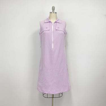 1960s Sleeveless Shift Dress | Half Zip Polyester Dress with Button Details  | Lavender and White  Stripe | Size Large 