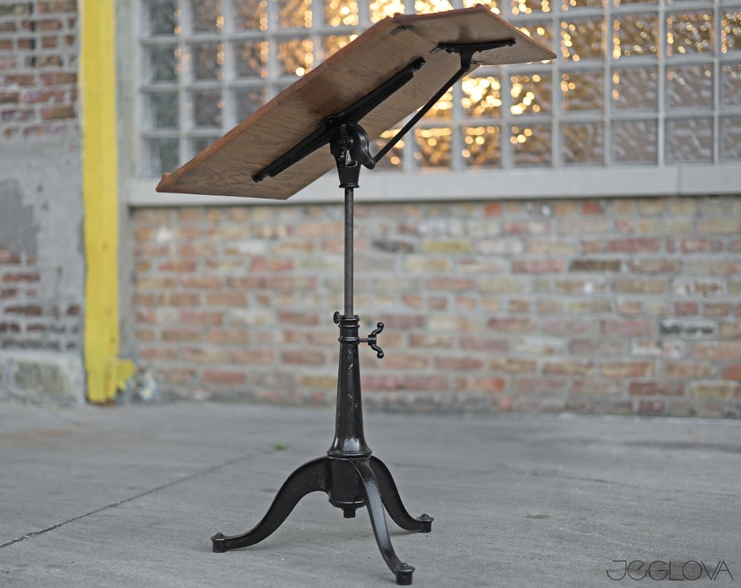 restored vintage drafting table by Dietzgen, cast iron tripod base ...