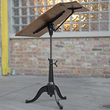 restored vintage drafting table by Dietzgen, cast iron tripod base, all-original, antique desk, architect table 