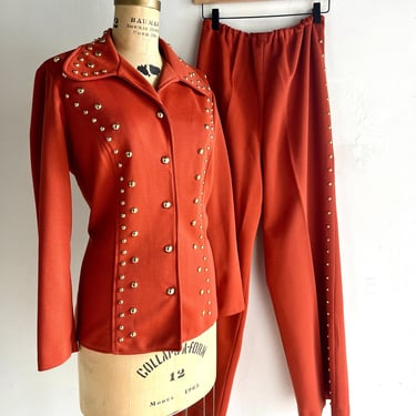 1970s Deep Pumpkin Two Pieces Ladies Studded Suit Jacket and Pants Vintage 70s Volup42 Bust 