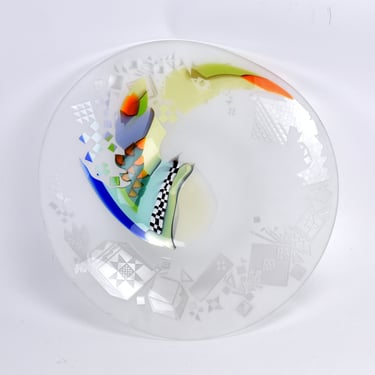 Vintage 1980’s Jones Studio Art Fused Cut Etched Glass Disc Bowl Sculpture 