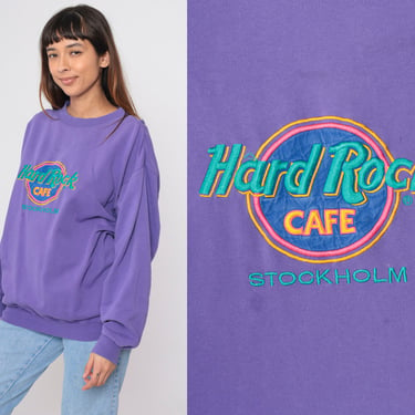 Hard Rock Cafe Sweatshirt 90s Stockholm Sweden Shirt Purple Crewneck Tourist Pullover Distressed Graphic Vintage 1990s Oversized Medium 