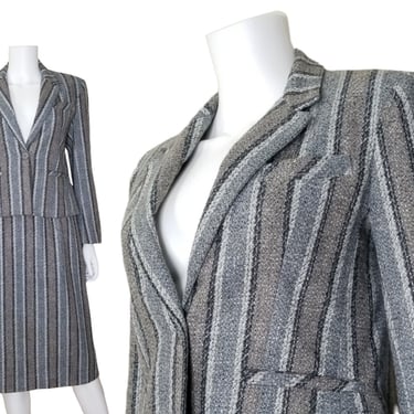 Vintage Striped Gray Suit, Extra Small Petite / Two Piece Jacket and Skirt Set / 1980s Wool Blend Women's Suit 