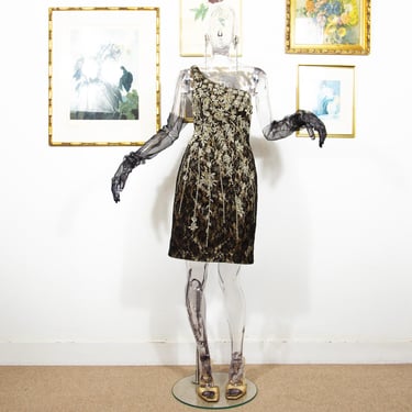 Vintage 1980s Black Gold Sequin Mini Glam Dress Party One Shoulder Gown Size S UK 8 