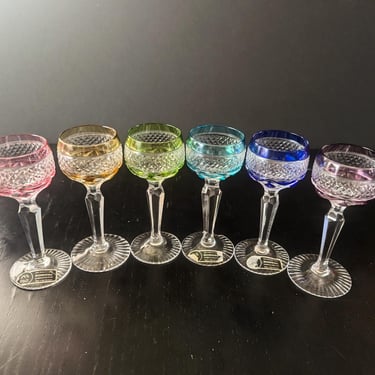 Midcentury Bohemian Multicolor Cut to Crystal Cordial Glasses, Set of 6 (As-Is) 
