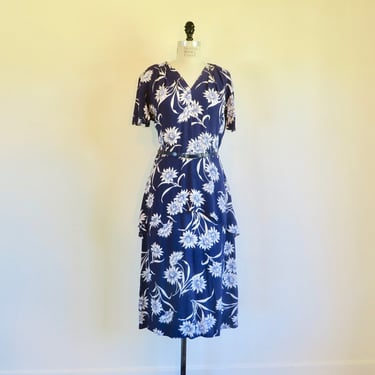 Vintage 1940's Navy Blue and White Floral Rayon Day Dress Peplum Flutter Sleeves Rockabilly WW2 Era 33