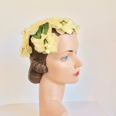 1960's Yellow Silk Floral Fascinator Hat Headpiece Spring Summer Bridal Wedding Hair Accessories Milgrim 