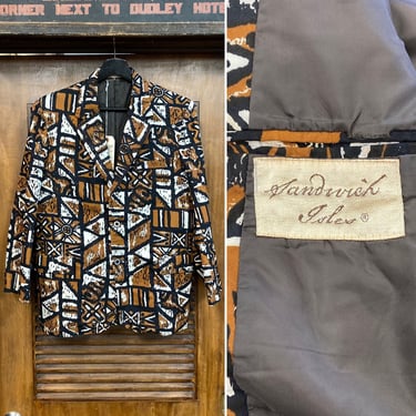 Vintage 1960’s Size S “Sandwich Isles” Tiki Batik Hawaiian Blazer Sport Coat Mod Jacket, 60’s Vintage Clothing 