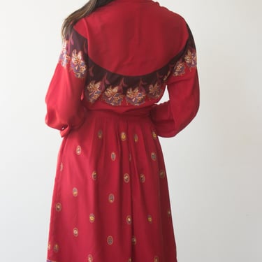 1970s French Georgette Red Border Print Two Piece Set 