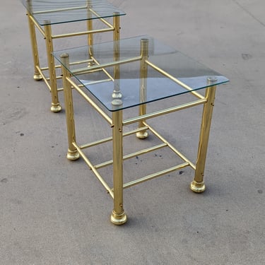 Pair of Vintage Glass + Brass Side Tables | Nightstands | Postmodern | Mid Century | MCM | Hollywood Regency 