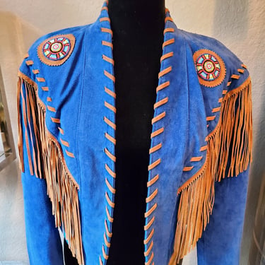 Vintage blue suede beaded and fringe bolo jacket by Phoenix USA 