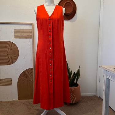 Vintage 70s Orange Gold Detailed Button Vest Sleeveless Midi Dress 