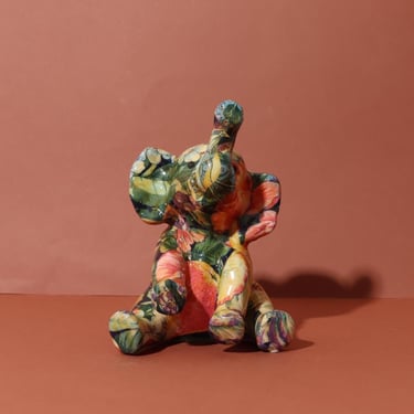 Vintage Decoupage Ceramic Baby Elephant, Elephant Figurine 