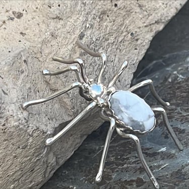 E. Spencer ~ Navajo Large Sterling Silver and White Buffalo Stone Spider Pin / Brooch 