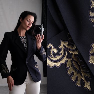 Vintage 80s ESCADA Black Wool Darted 40s Style Blazer w/ Metallic Baroque Embroidery | Made in W. Germany | 1980s ESCADA Designer Jacket 
