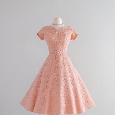 Vintage 1950's Rose Pink & Rhinestone Lace Party Dress / Medium