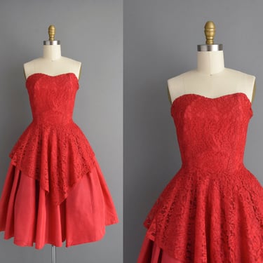 1950s vintage dress | Gorgeous Lipstick Red Strapless Cocktail Dress | XS | 50s dress 