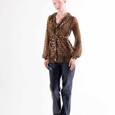 Vintage Jean Paul Gaultier Mesh Leopard Print Bell Sleeve Ruffled Cardigan with Belt Tie Top Soleil Y2K S M L Cheetah Jacket Tattoo JPG 