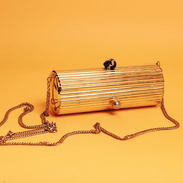 80s Gold Boxy Art Deco Purse Vintage Evening Handle Strap Tassell Clutch 