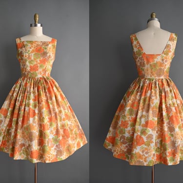 vintage 1950s Dress | Orange & Brown Floral Print Sweeping Full Skirt Dress | Medium 